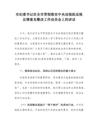 市纪委书记在全市贯彻落实中央巡视组巡视反馈意见整改工作动员会上的讲话.docx