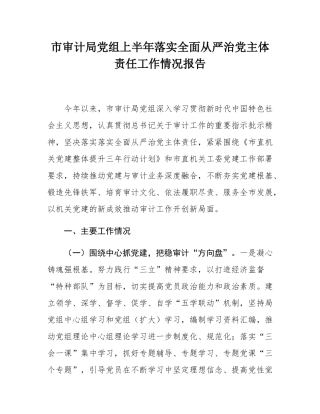 市审计局党组上半年落实全面从严治党主体责任工作情况报告.docx