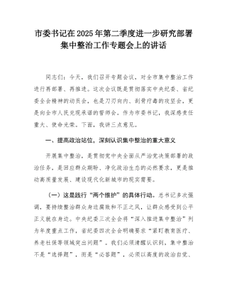 市委书记在2025年第二季度进一步研究部署集中整治工作专题会上的讲话.docx