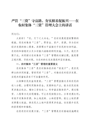 严管“三资”守富路，夯实根基促振兴——在农村集体“三资”管理大会上的讲话.docx