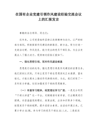 在国有企业党建引领作风建设经验交流会议上的汇报发言.docx