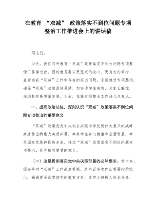 在教育 “双减” 政策落实不到位问题专项整治工作推进会上的讲话稿.docx