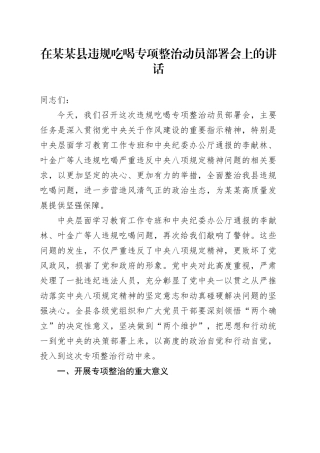 在某某县违规吃喝专项整治动员部署会上的讲话.docx