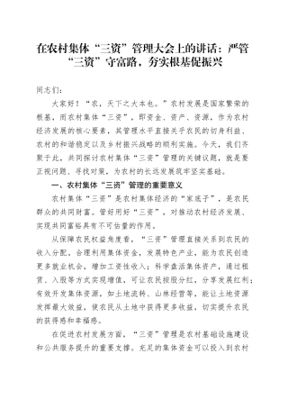 在农村集体“三资”管理大会上的讲话：严管“三资”守富路，夯实根基促振兴.docx