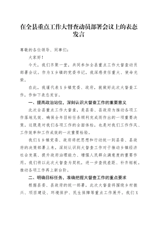 在全县重点工作大督查动员部署会议上的表态发言.docx