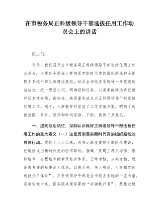 在市税务局正科级领导干部选拔任用工作动员会上的讲话.docx