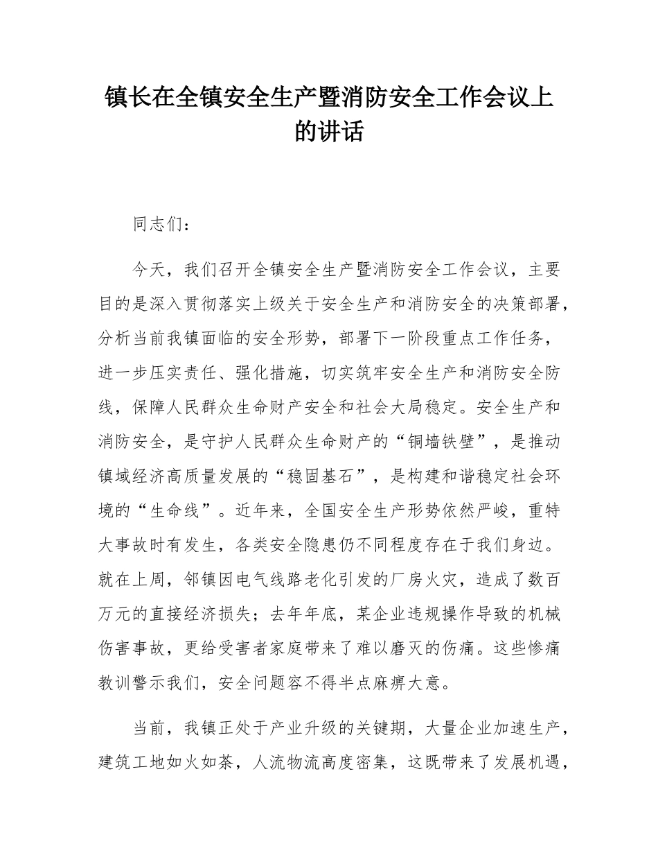 镇长在全镇安全生产暨消防安全工作会议上的讲话.docx_第1页