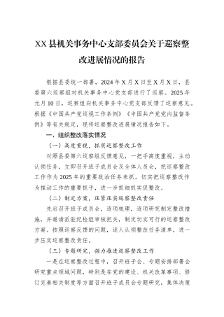XX县机关事务中心支部委员会关于巡察整改进展情况的报告.docx