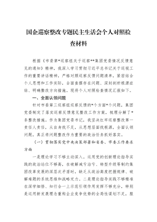 国企巡察整改专题民主生活会个人对照检查材料.docx