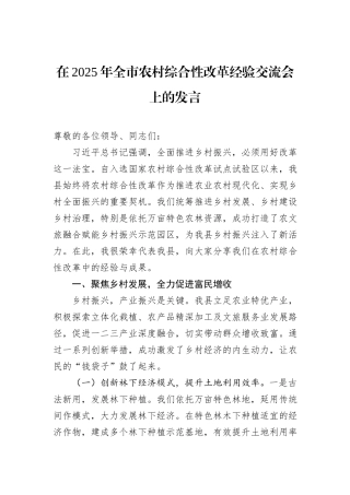 在2025年全市农村综合性改革经验交流会上的发言.docx