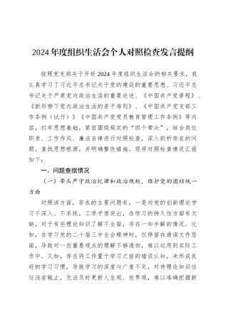 2024年度组织生活会个人对照检查发言提纲.docx