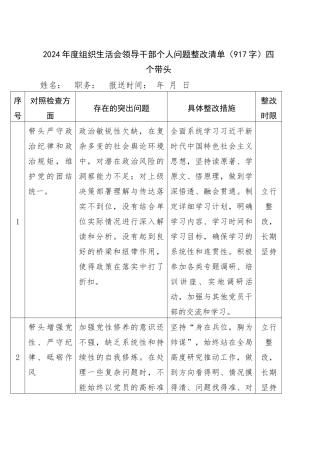 2024年度组织生活会领导干部个人问题整改清单（917字）四个带头.docx