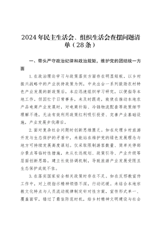 2024年民主生活会、组织生活会查摆问题清单（28条）.docx