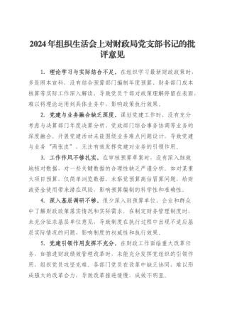2024年组织生活会上对财政局党支部书记的批评意见.docx