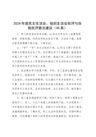 45条2024年度民主生活会、组织生活会批评与自我批评意见建议个人问题清单20250312.docx