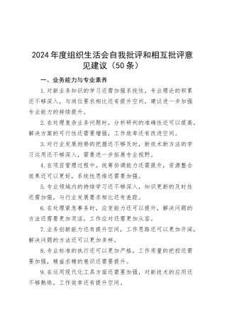 50条2024年度组织生活会自我批评和相互批评意见建议个人问题清单20250305.docx