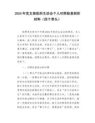 2024年党支部组织SH会个人对照检查剖析材料（四个带头）.docx