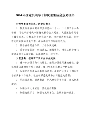 2024年度党员领导干部民主生活会征求意见汇总--投资事业部党总支.docx