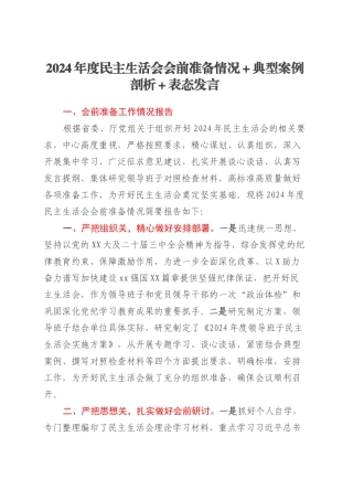 2024年度民主生活会会前准备情况+典型案例剖析+表态发言.docx