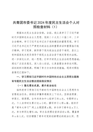 【2篇】共青团市委书记2024年度民主生活会个人对照检查材料（含上年度整改、案例剖析，四个带头，纪律规矩团结统一、党性纪律作风、清正廉洁、从严治党，检视剖析，发言提纲）20250319.docx