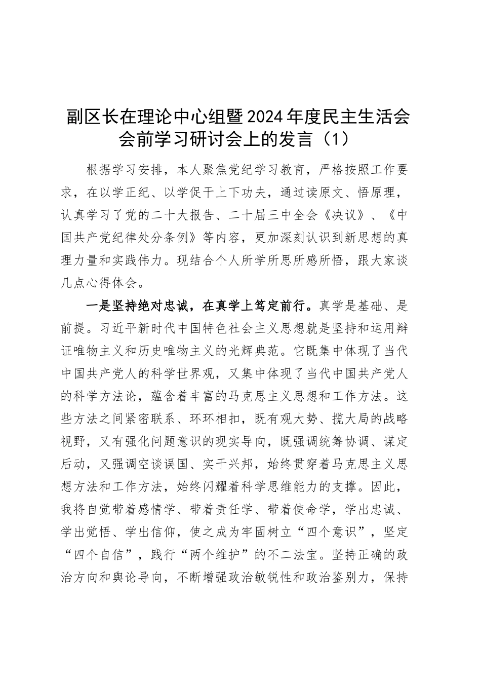 【5篇】理论中心组暨2024年度民主生活会会前学习研讨会上的发言（含副区长、人大、乡镇街道街道等）20250305.docx_第1页