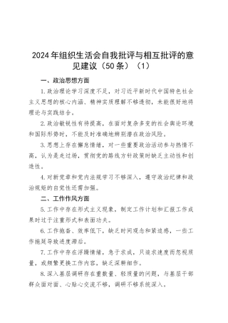 【6篇】2024年民主生活会、组织生活会自我批评与相互批评的意见建议（问题清单）20250319.docx