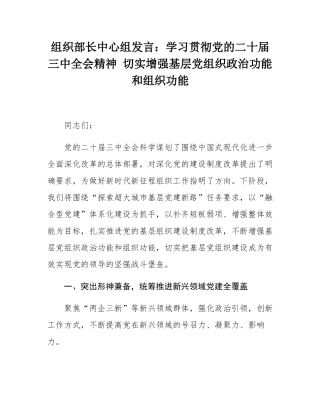 组织部长中心组发言：学习贯彻党的二十届三中全会精神 切实增强基层党组织政治功能和组织功能.docx