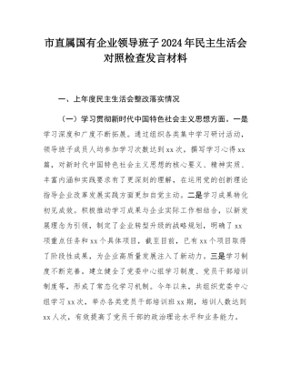 市直属国有企业领导班子2024年民主SH会对照检查发言材料.docx