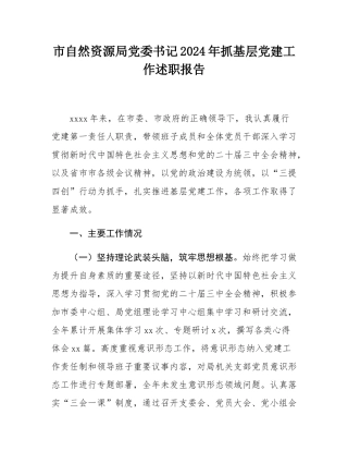 市自然资源局党委书记2024年抓基层党建工作述职报告.docx