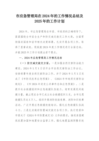 市应急管理局在2024年的工作情况总结及2025年的工作计划.docx