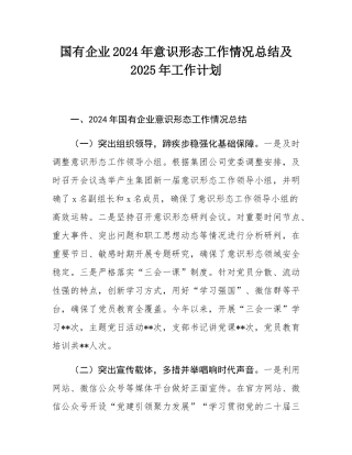 国有企业2024年意识形态工作情况总结及2025年工作计划.docx