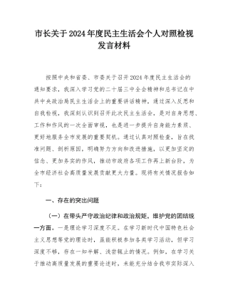市长关于2024年度民主SH会个人对照检视发言材料.docx