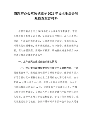 市政府办公室领导班子2024年民主SH会对照检查发言材料.docx