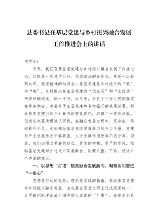 县委书记在基层党建与乡村振兴融合发展工作推进会上的讲话.docx