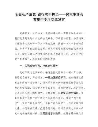 全面从严治党 践行实干担当——民主SH会前集中学习交流发言.docx