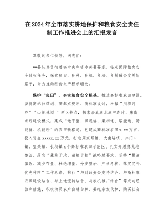 在2024年全市落实耕地保护和粮食安全责任制工作推进会上的汇报发言.docx