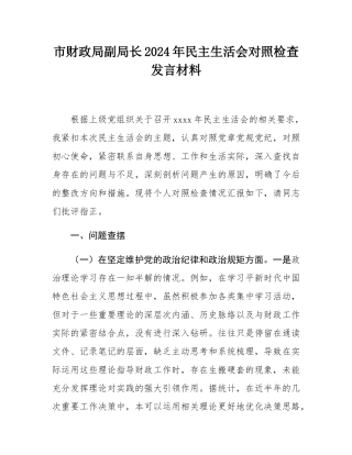 市财政局副局长2024年民主SH会对照检查发言材料.docx