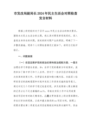 市发改局副局长2024年民主SH会对照检查发言材料.docx