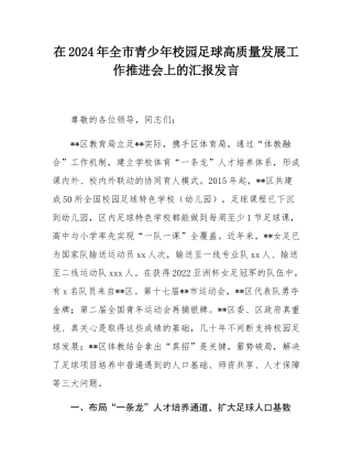 在2024年全市青少年校园足球高质量发展工作推进会上的汇报发言.docx