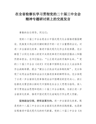 在全省检察长学习贯彻党的二十届三中全会精神专题研讨班上的交流发言.docx