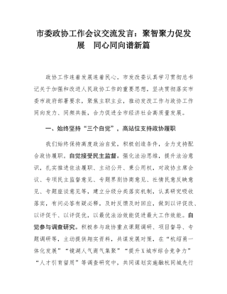 市委政协工作会议交流发言：聚智聚力促发展  同心同向谱新篇.docx