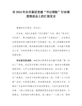 在2024年全市基层党建“书记领航”行动调度推进会上的汇报发言.docx