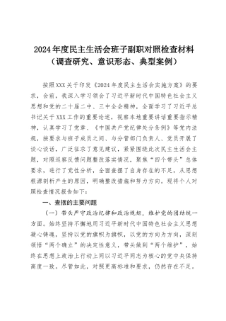 2024年度民主SH会班子副职对照检查材料（调查研究、意态、典型案例）.docx