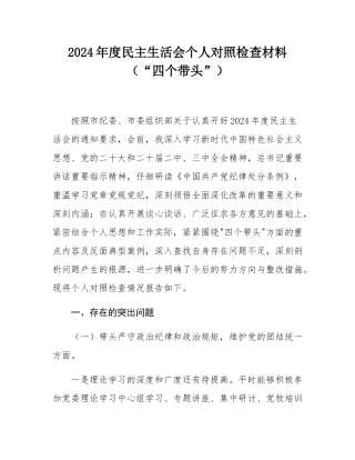 2024年度民主SH会个人对照检查材料（“四个带头”）.docx