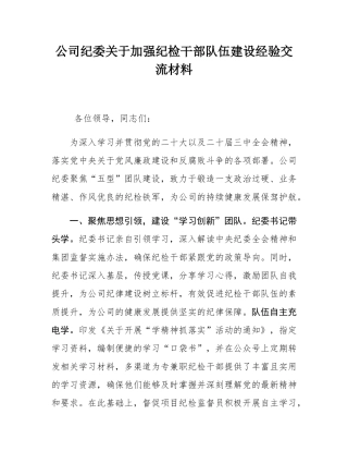 公司纪委关于加强纪检干部队伍建设经验交流材料.docx