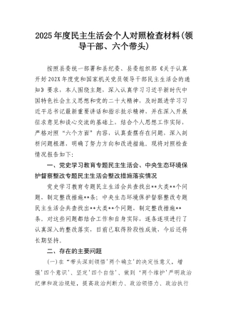 2025年度民主SH会个人对照检查材料(领导干部、六个带头).docx