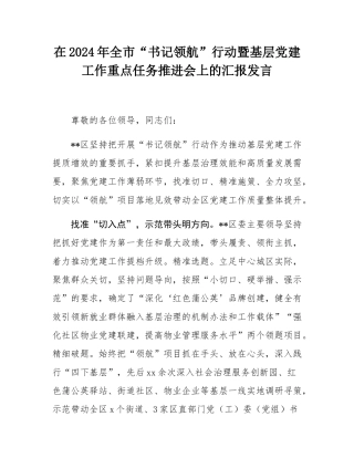在2024年全市“书记领航”行动暨基层党建工作重点任务推进会上的汇报发言.docx