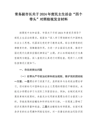 常务副市长关于2024年度民主SH会“四个带头”对照检视发言材料.docx