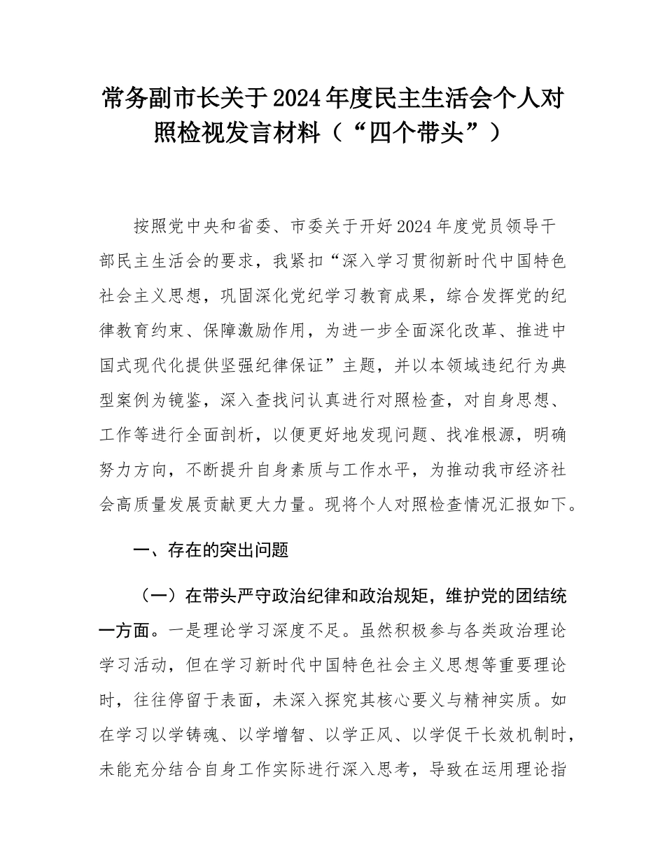 常务副市长关于2024年度民主SH会个人对照检视发言材料（“四个带头”）.docx_第1页