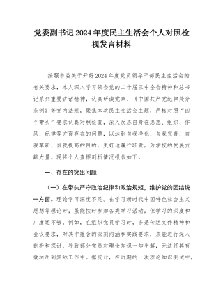 党委副书记2024年度民主SH会个人对照检视发言材料.docx
